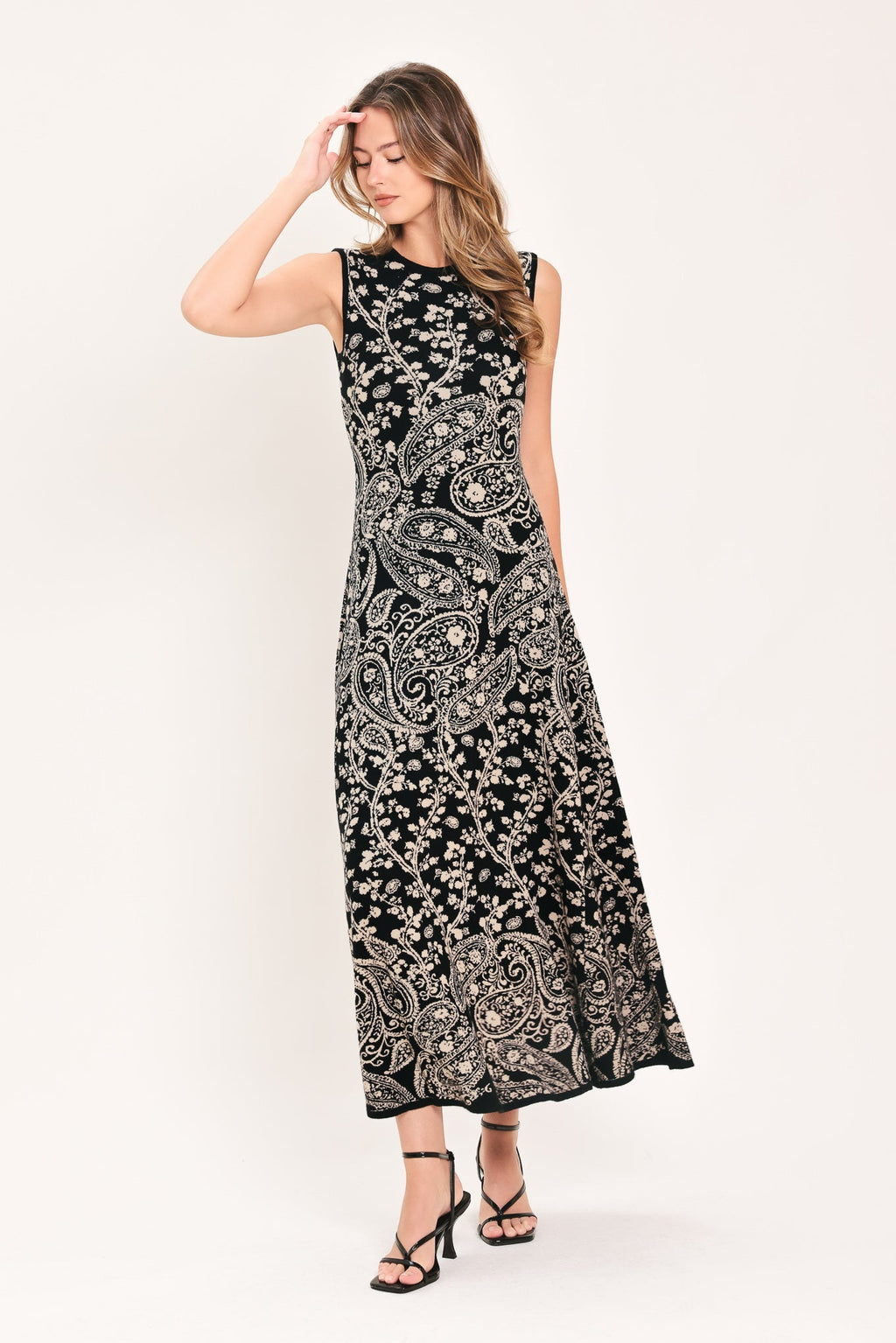 Hazel Paisley Jacquard Sweater Midi Dress in black, detail