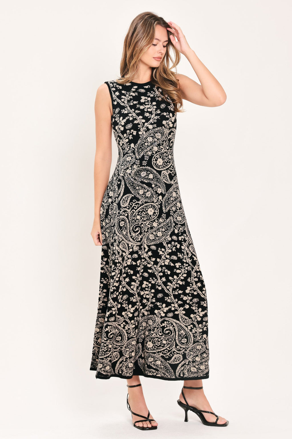 Hazel Paisley Jacquard Sweater Midi Dress in black, close-up