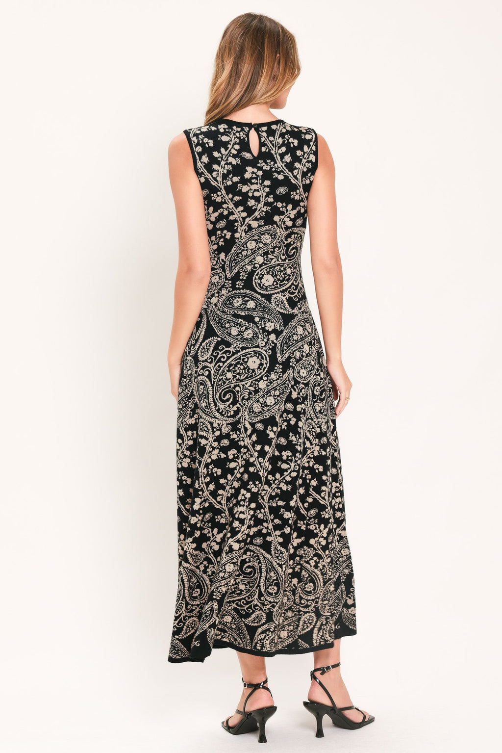 Hazel Paisley Jacquard Sweater Midi Dress in black, worn