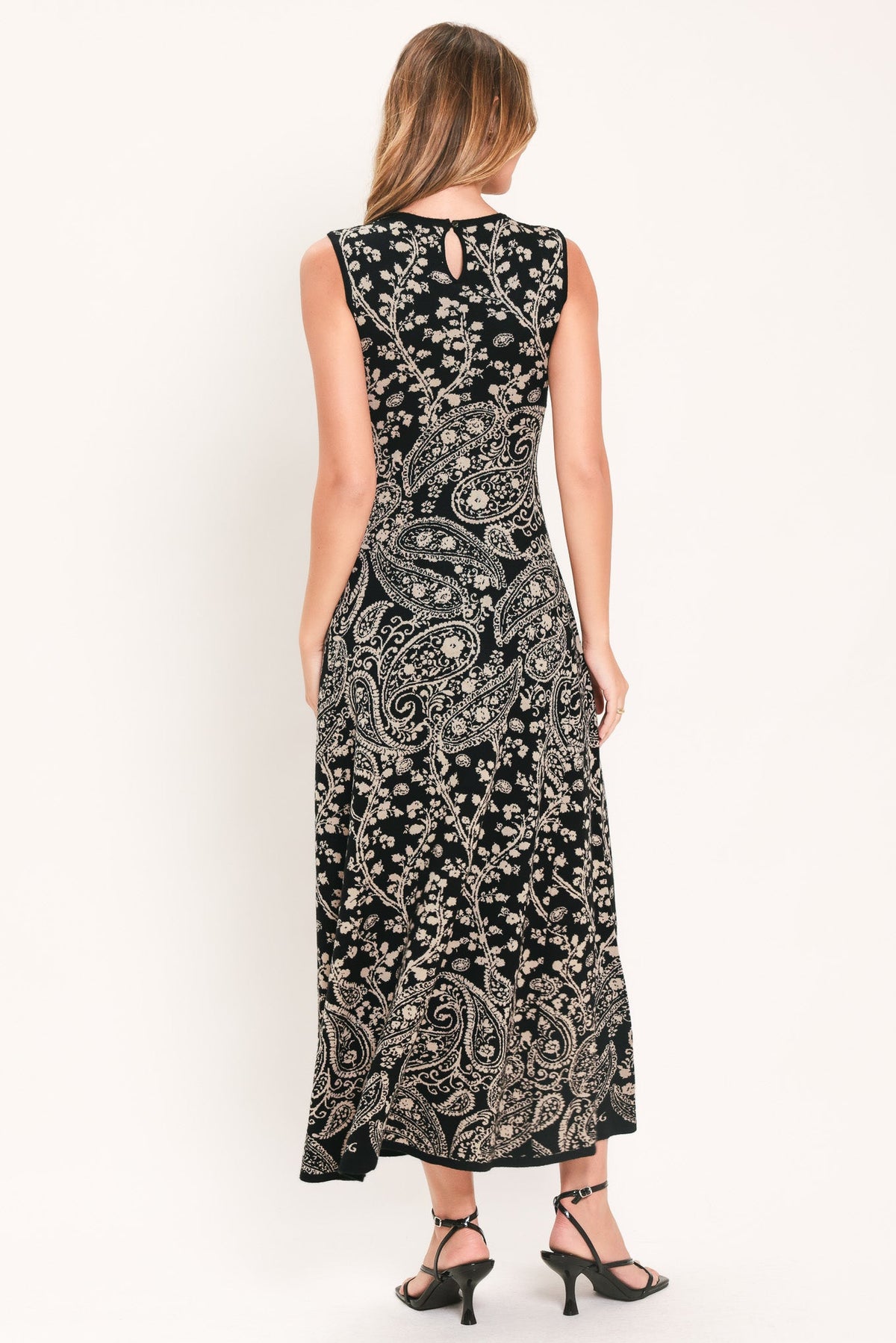 Hazel Paisley Jacquard Sweater Midi Dress in black, worn