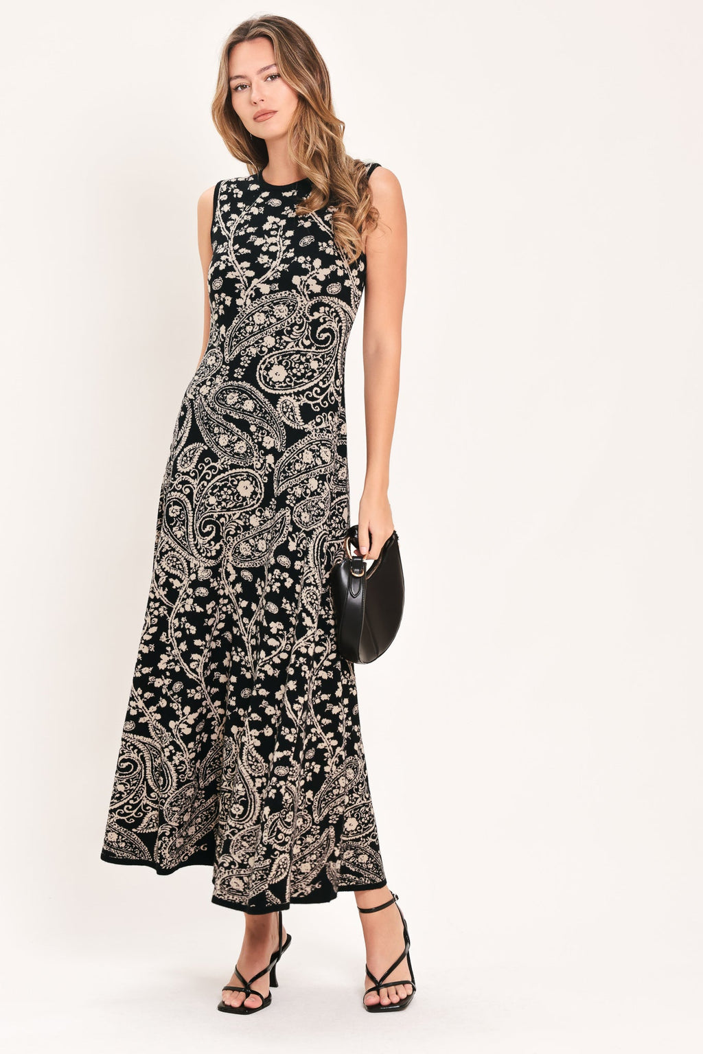 Hazel Paisley Jacquard Sweater Midi Dress in black, back view