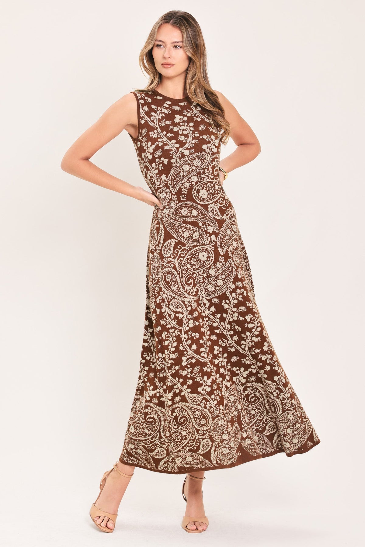 Hazel Paisley Jacquard Sweater Midi Dress in camel, front view