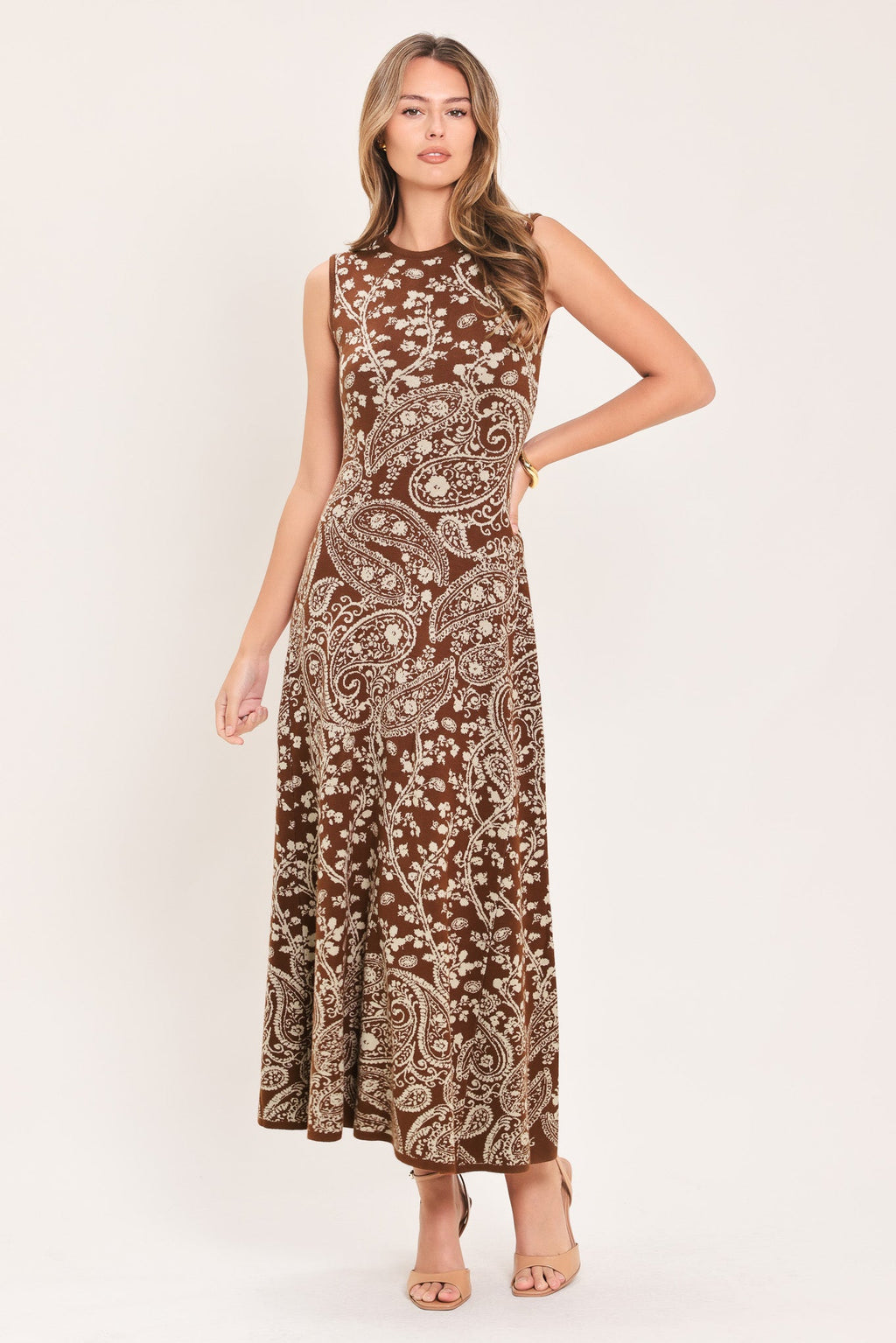 Hazel Paisley Jacquard Sweater Midi Dress in camel, detail
