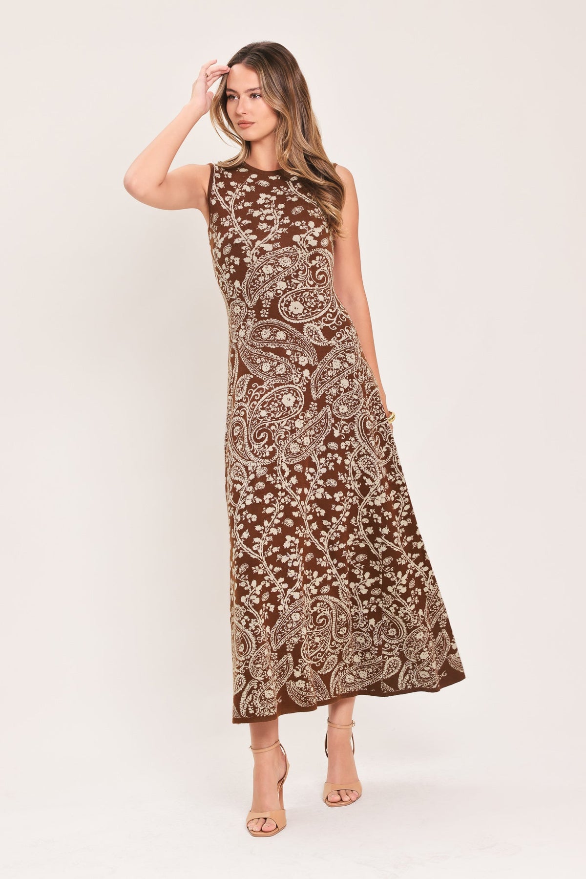 Hazel Paisley Jacquard Sweater Midi Dress in camel, side view