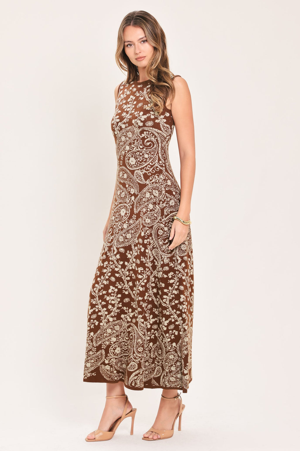 Hazel Paisley Jacquard Sweater Midi Dress in camel, close-up