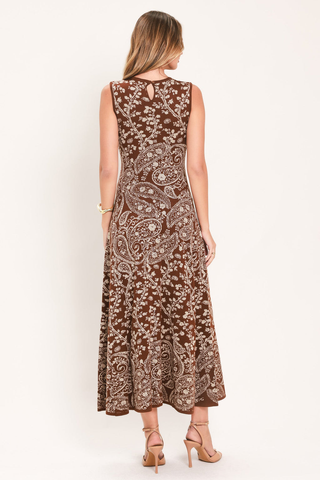 Hazel Paisley Jacquard Sweater Midi Dress in camel, back view