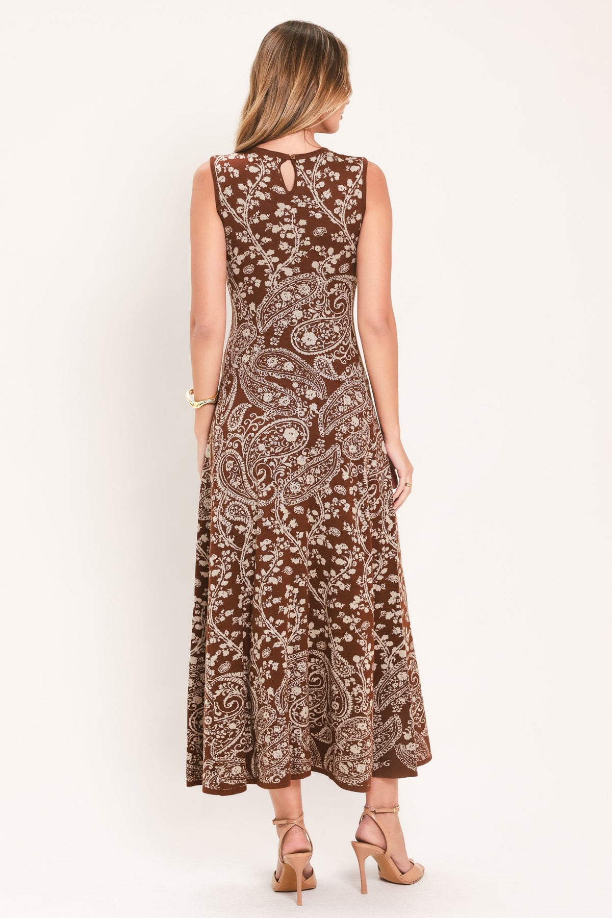 Hazel Paisley Jacquard Sweater Midi Dress in camel, back view