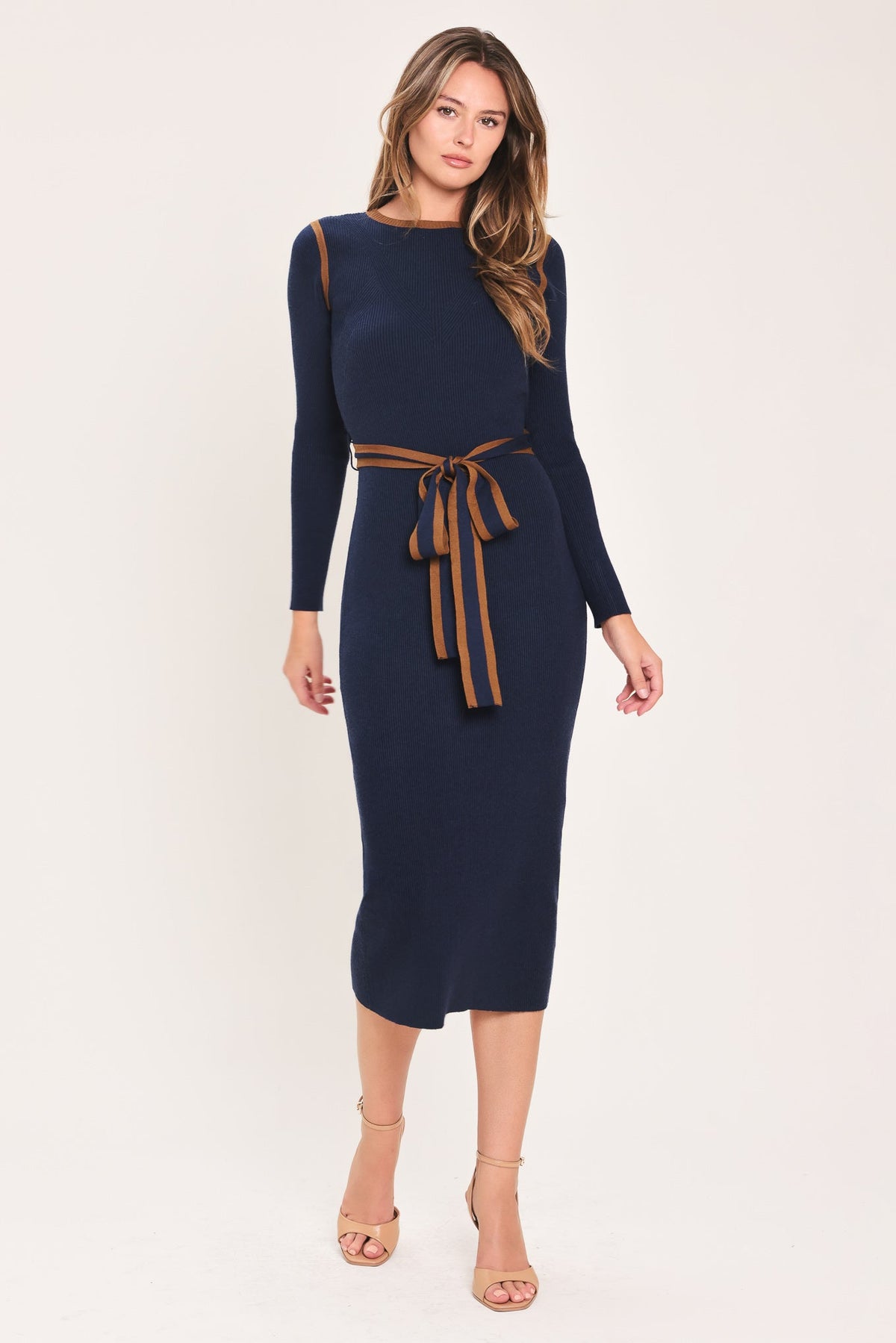 Cozy By Design Belted Sweater Midi Dress in navy - front view