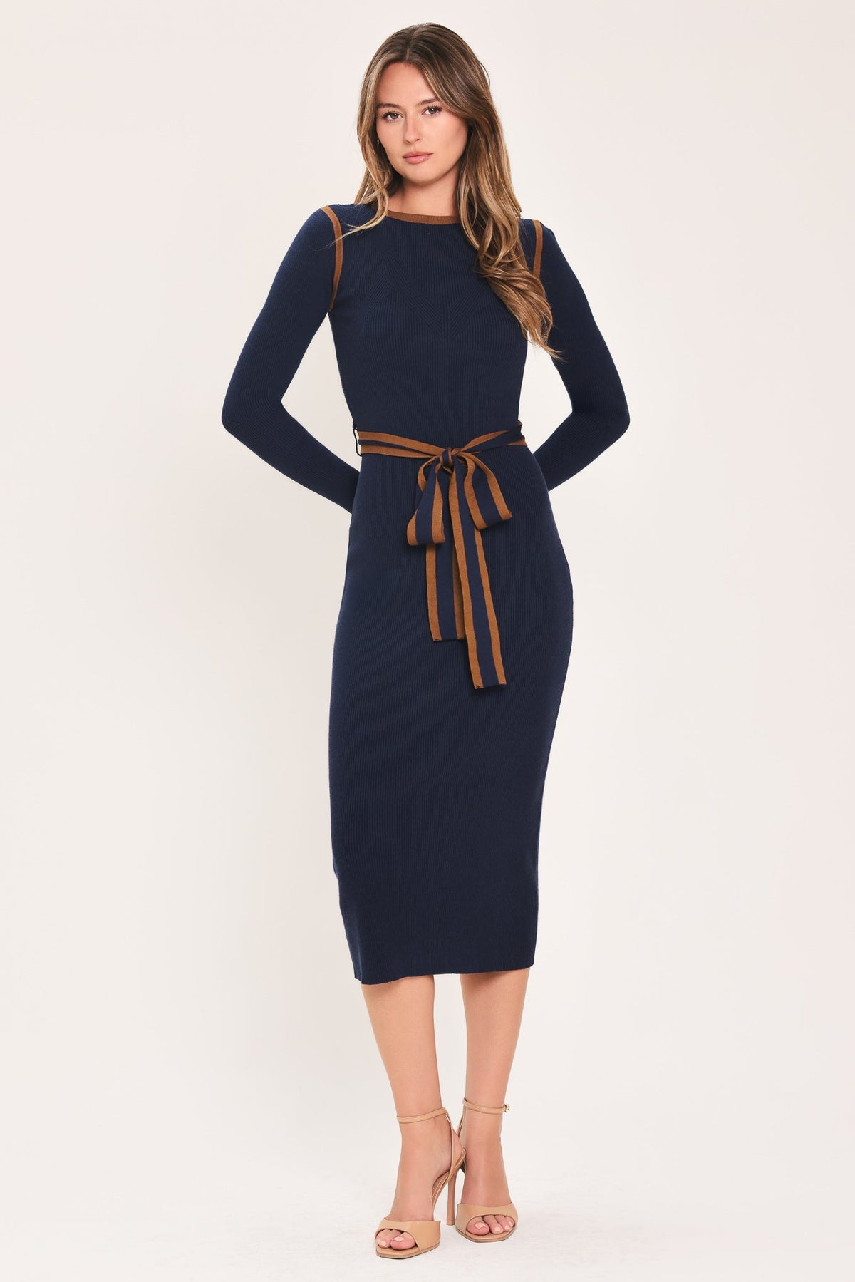 Cozy By Design Belted Sweater Midi Dress in navy - back view