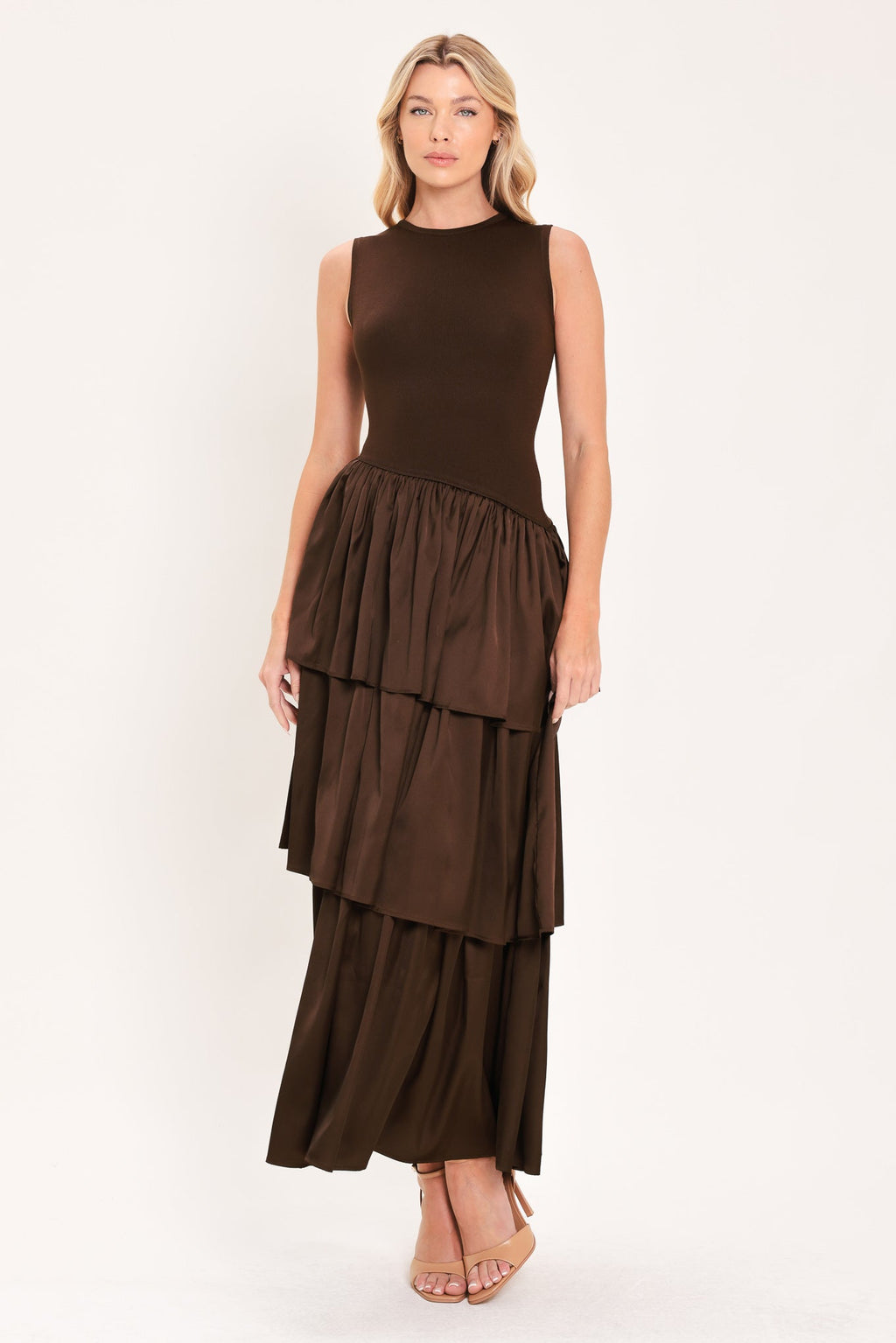 Coffee Layered Sweater Midi Dress in chocolate, front view