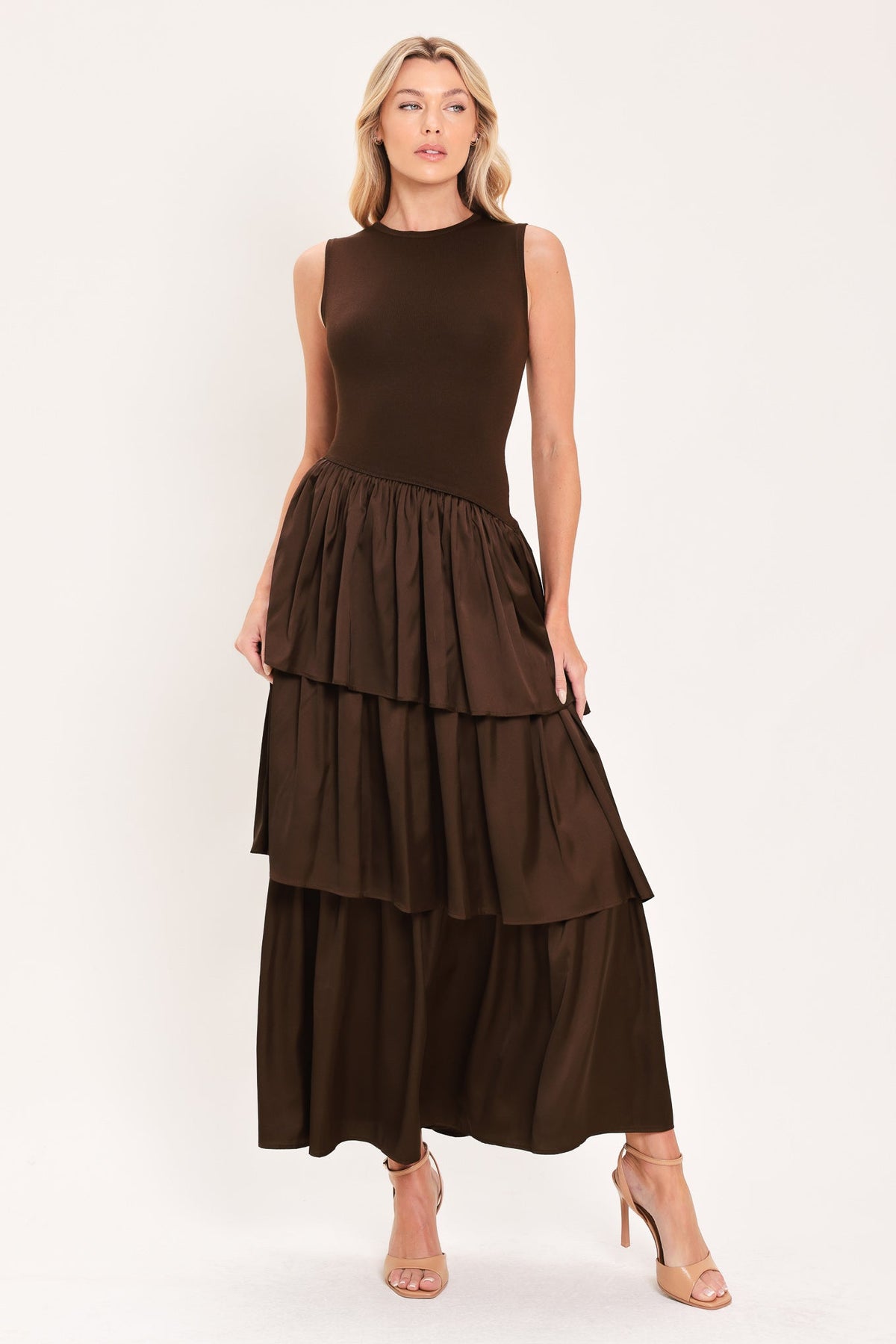 Coffee Layered Sweater Midi Dress in chocolate, detail