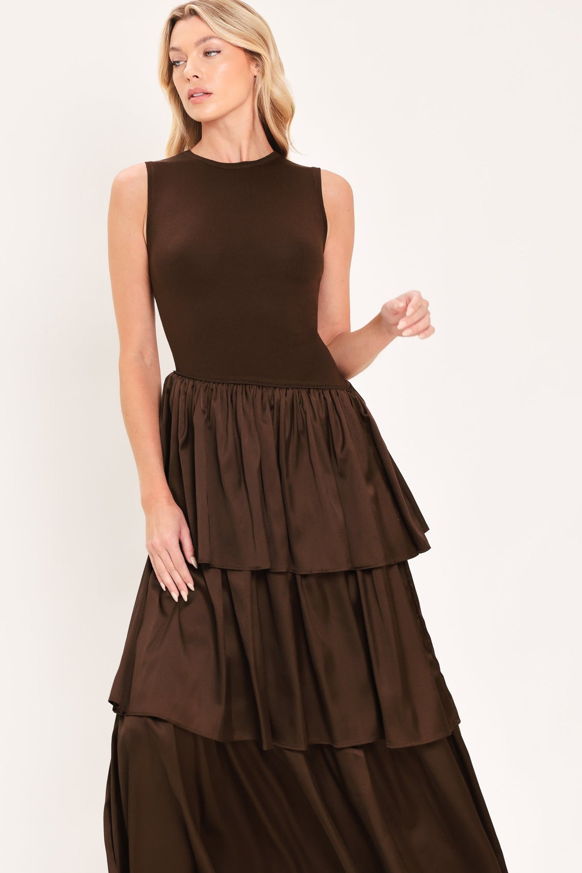 Coffee Layered Sweater Midi Dress in chocolate, side view