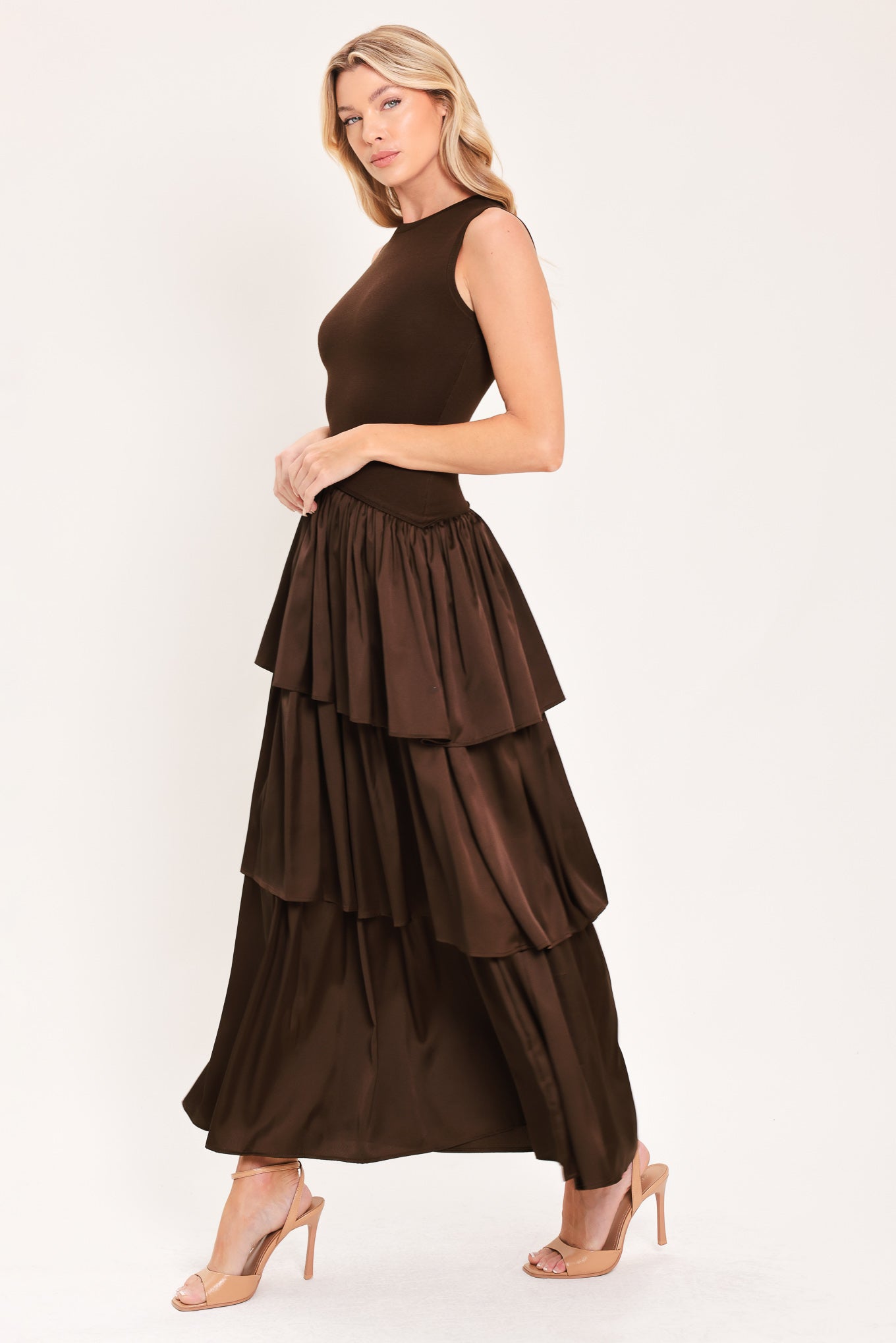 Coffee Layered Sweater Midi Dress in chocolate, back view