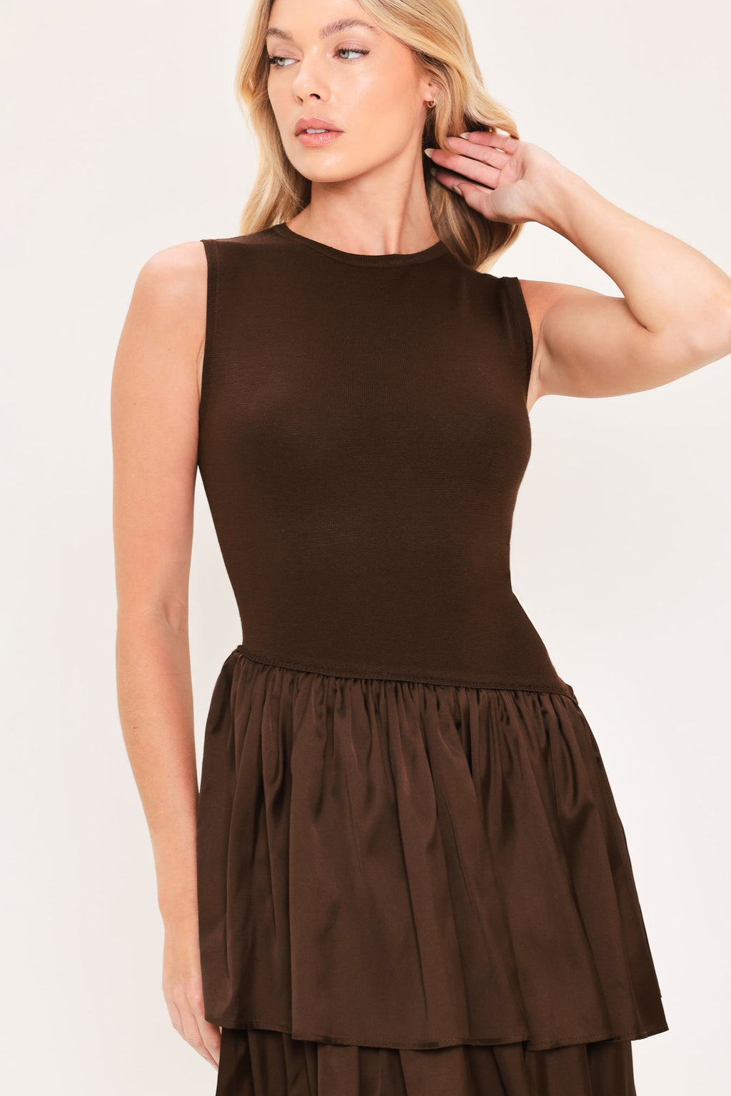 Coffee Layered Sweater Midi Dress in chocolate, close-up