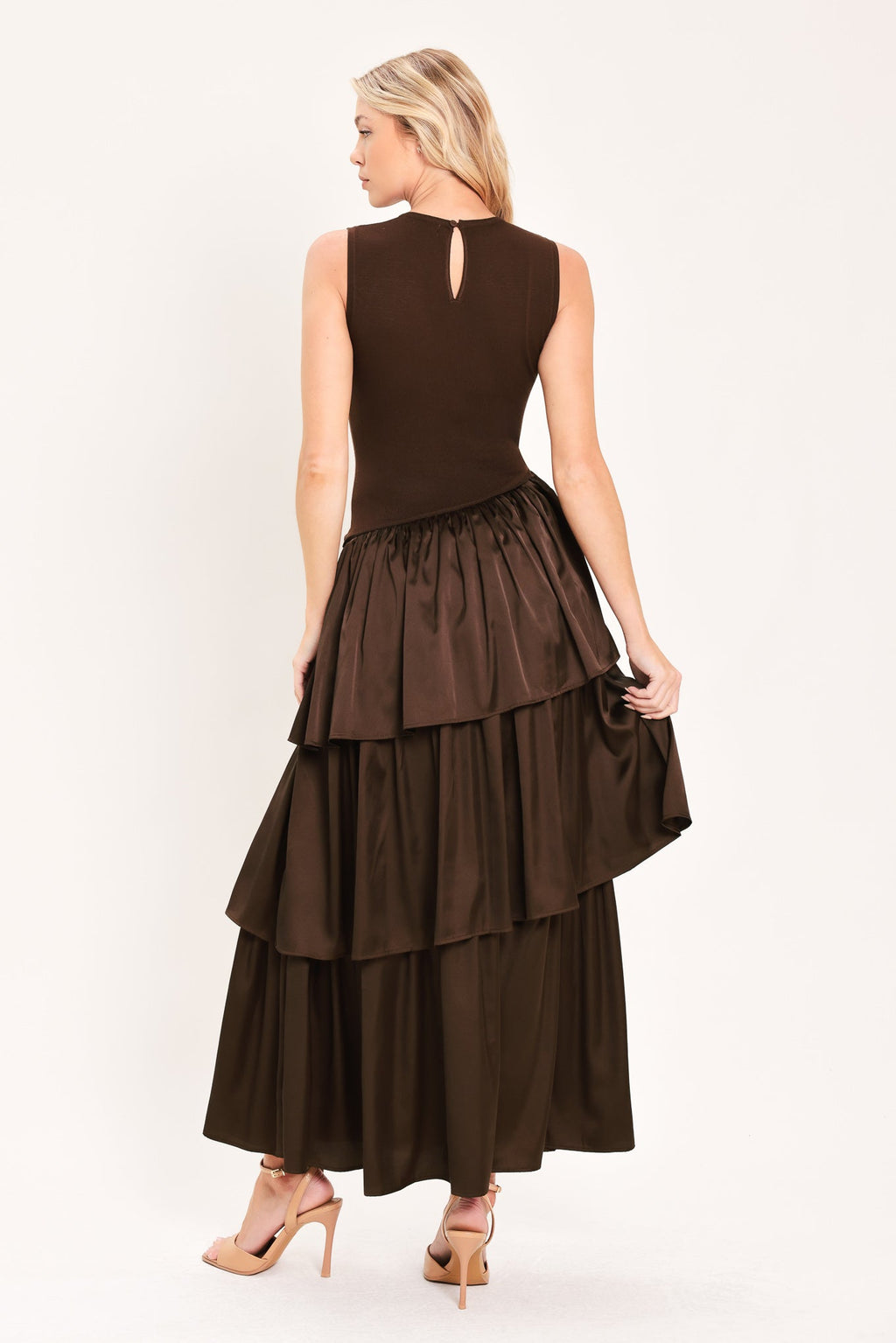 Coffee Layered Sweater Midi Dress in chocolate, worn