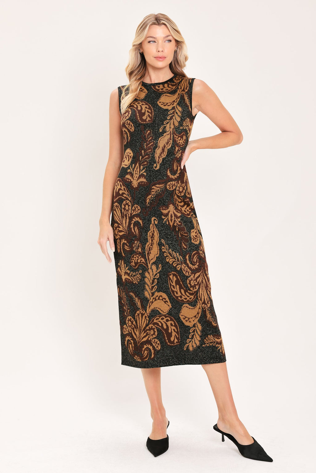Vintage Garden Jacquard Sweater Knit Midi Dress - front view