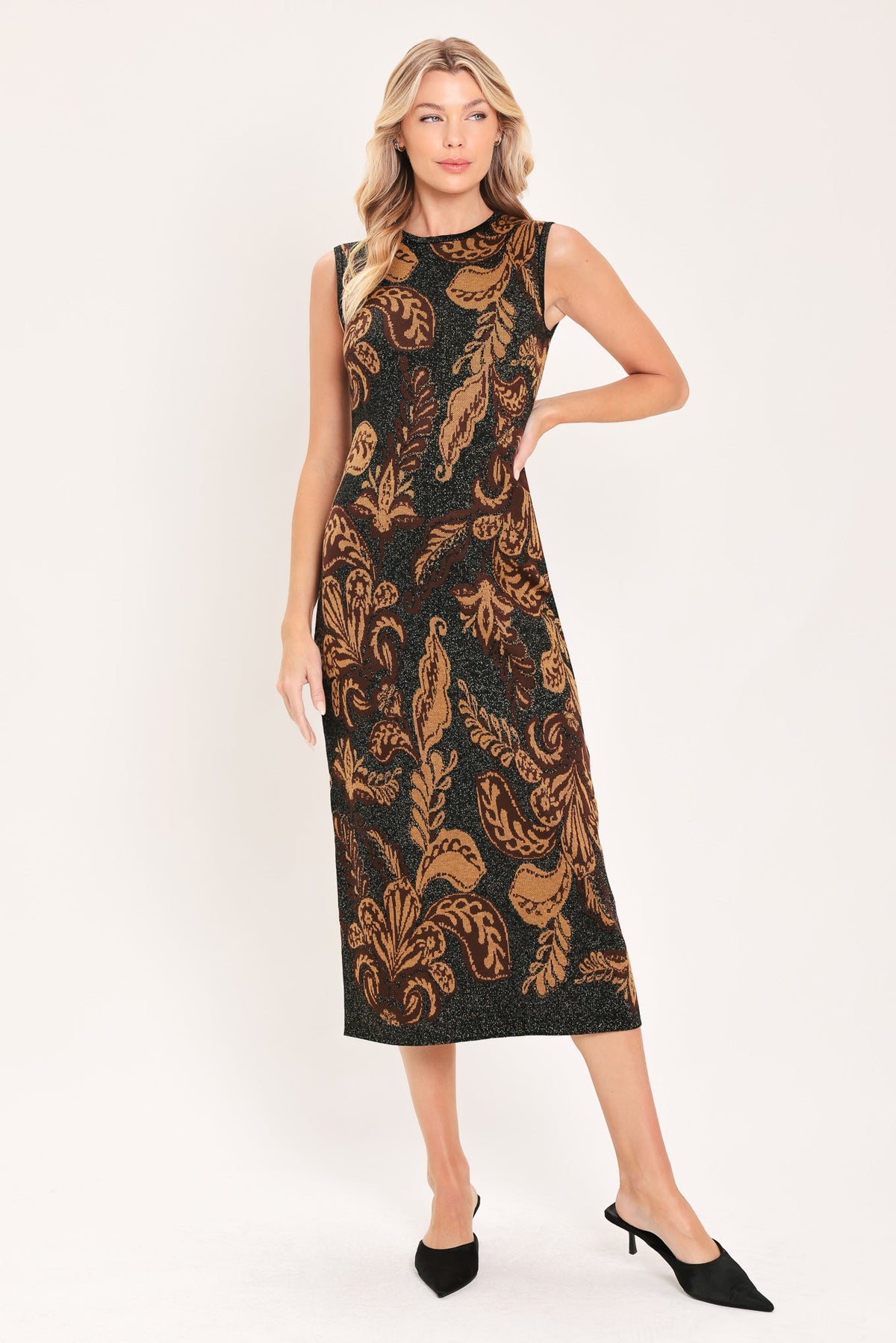 Vintage Garden Jacquard Sweater Knit Midi Dress - front view