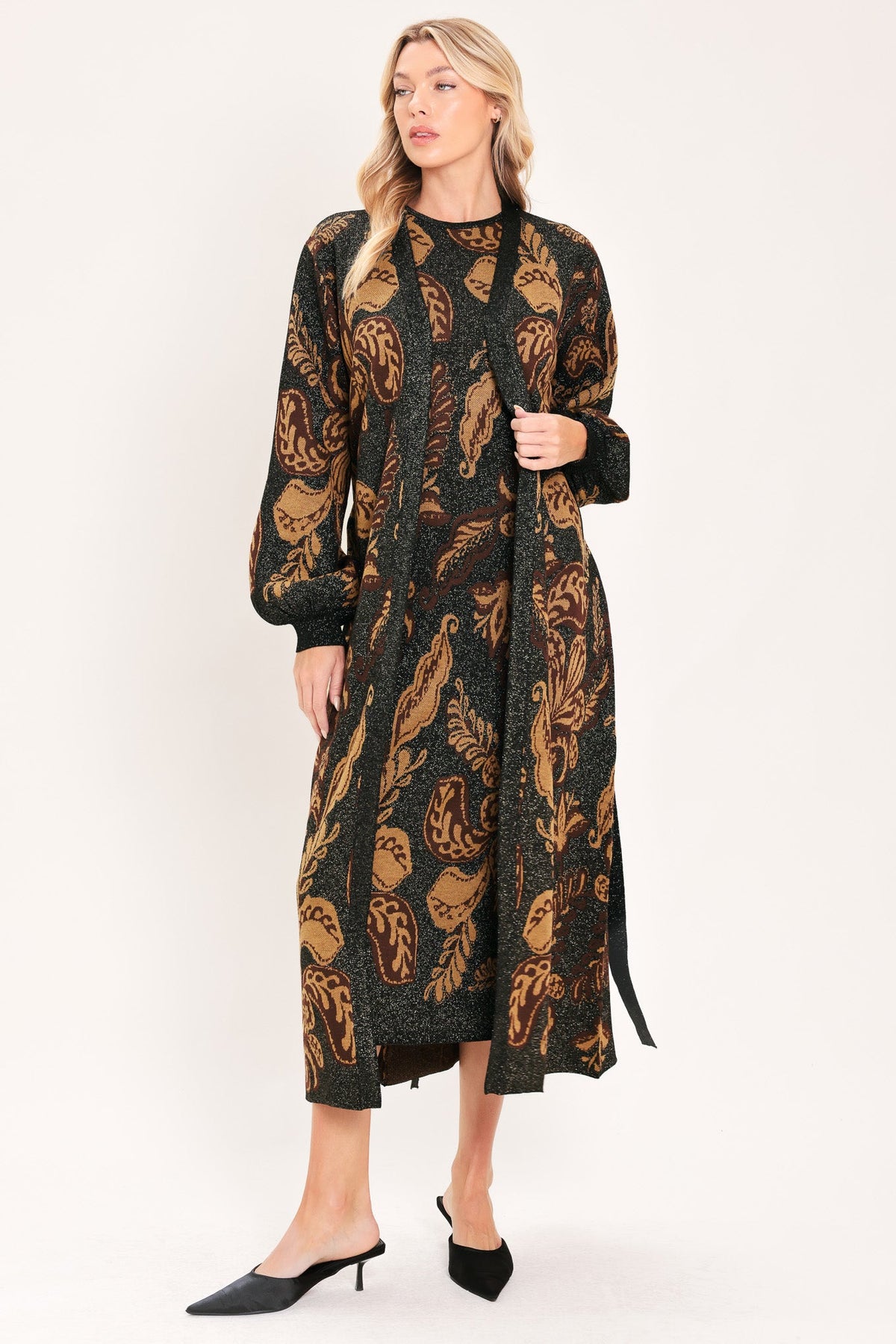 Vintage Garden Jacquard Sweater Knit Midi Dress