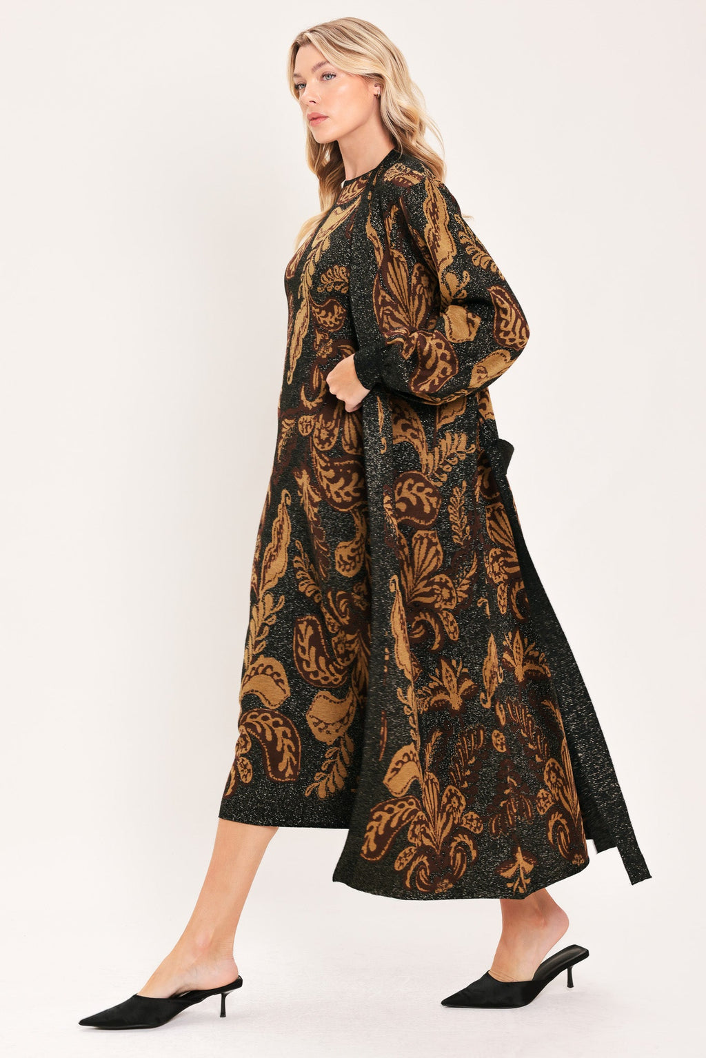 Vintage Garden Jacquard Sweater Knit Midi Dress