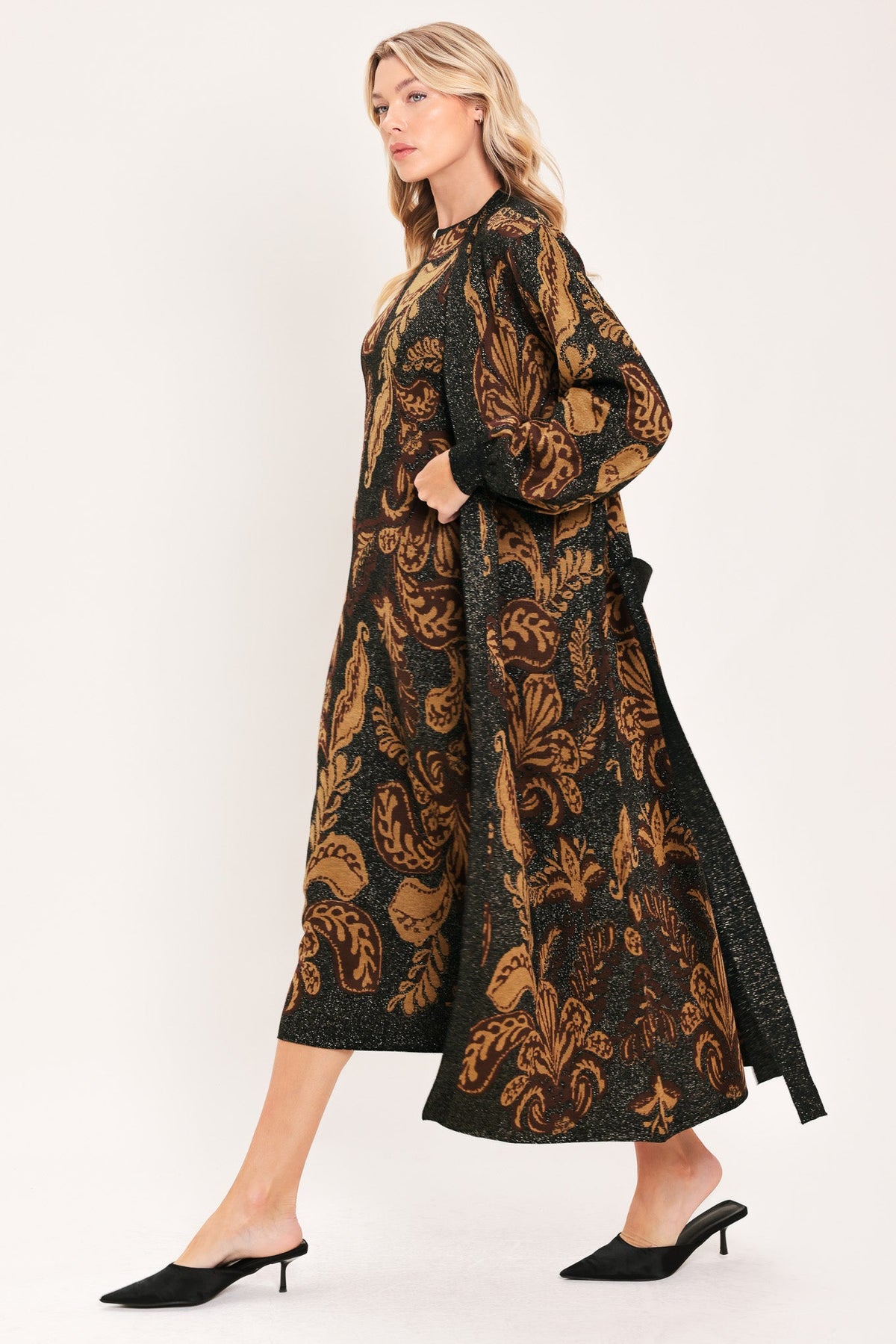 Vintage Garden Jacquard Sweater Knit Midi Dress