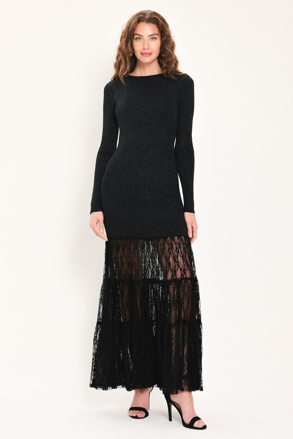 Metallic Lace Hem Sweater Maxi Dress in black metallic, front view