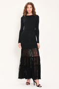 Metallic Lace Hem Sweater Maxi Dress in black metallic, front view