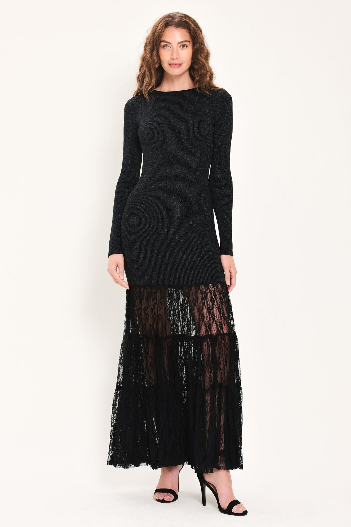 Metallic Lace Hem Sweater Maxi Dress in black metallic, front view