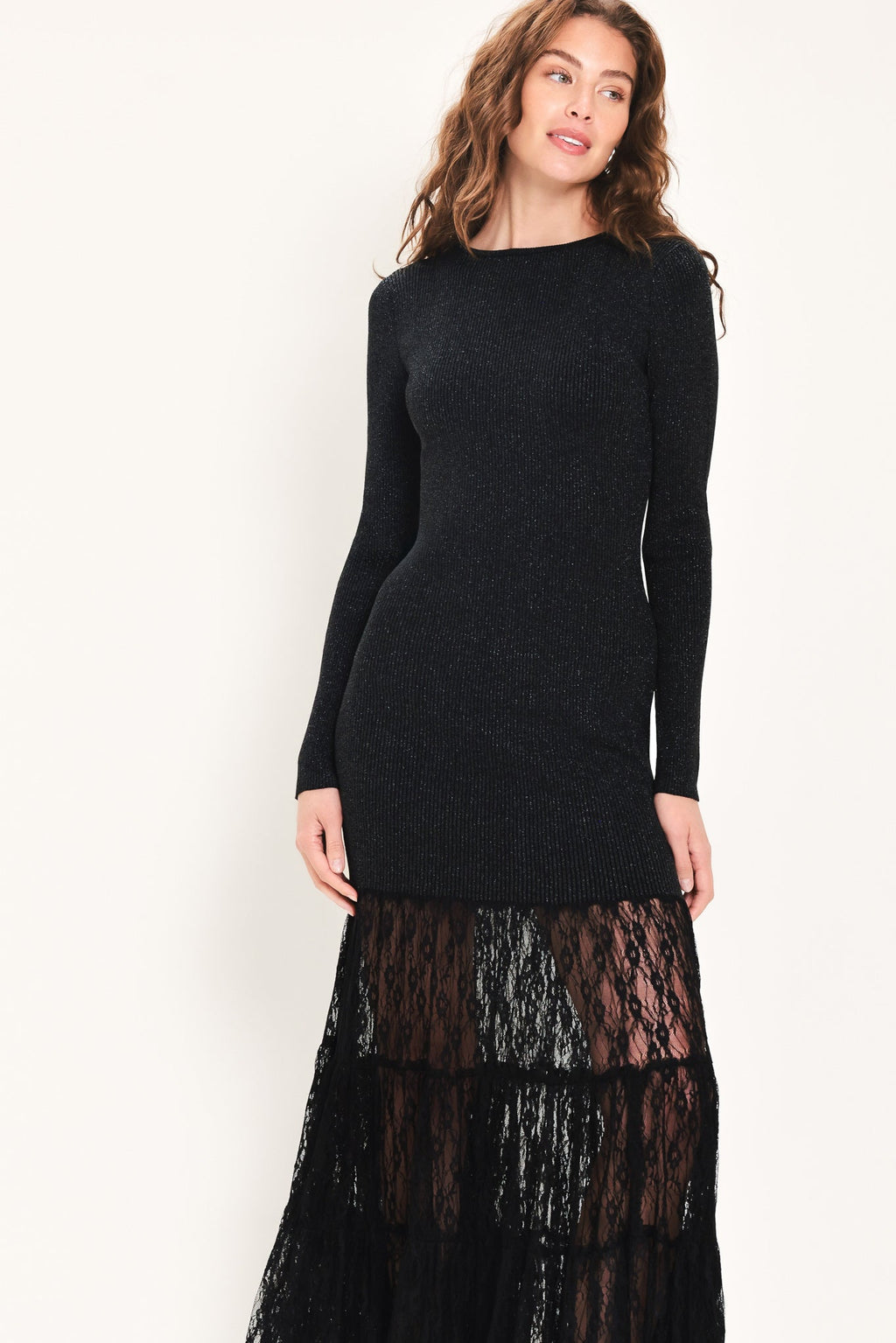Metallic Lace Hem Sweater Maxi Dress in black metallic, detail view