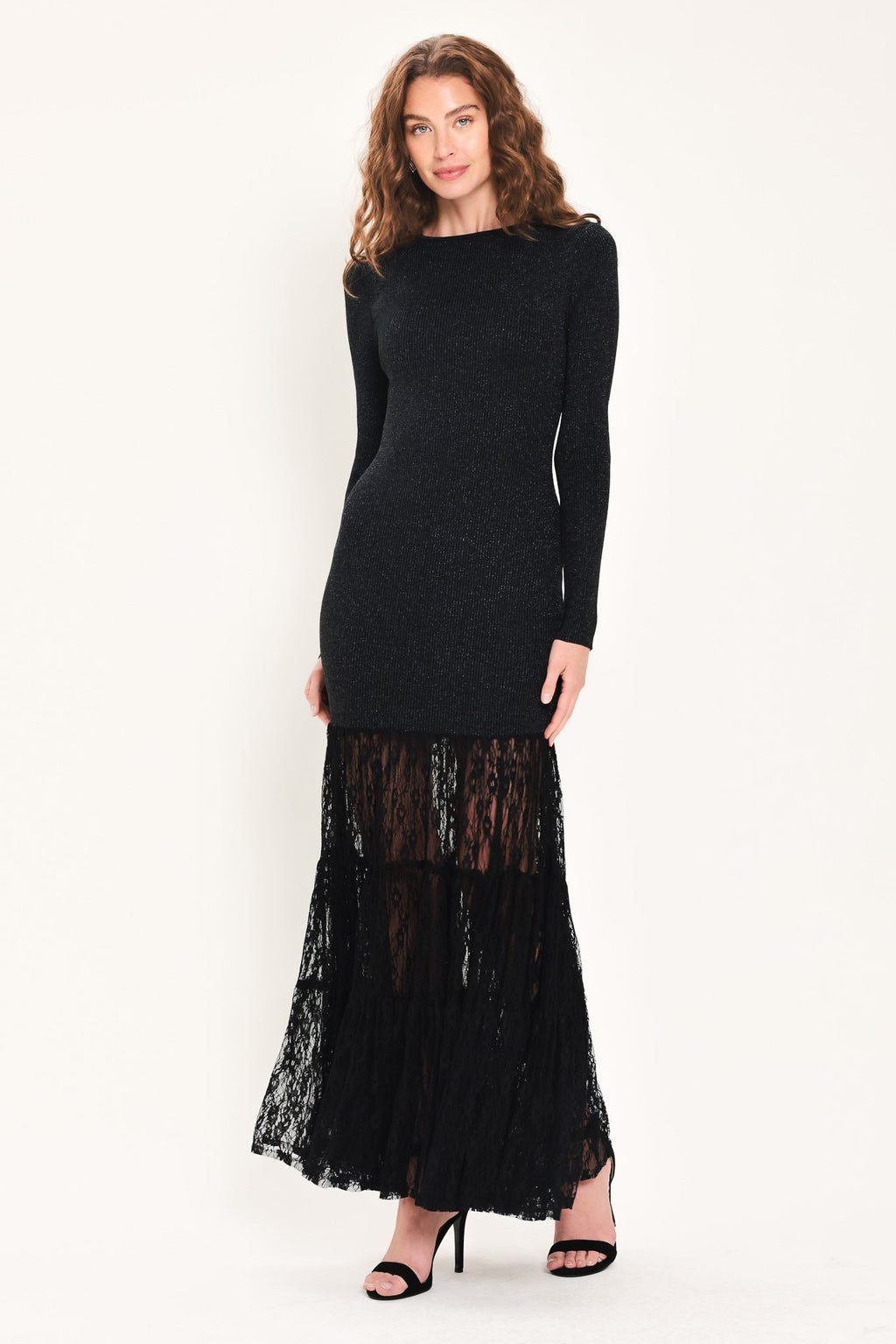 Metallic Lace Hem Sweater Maxi Dress in black metallic, styled view