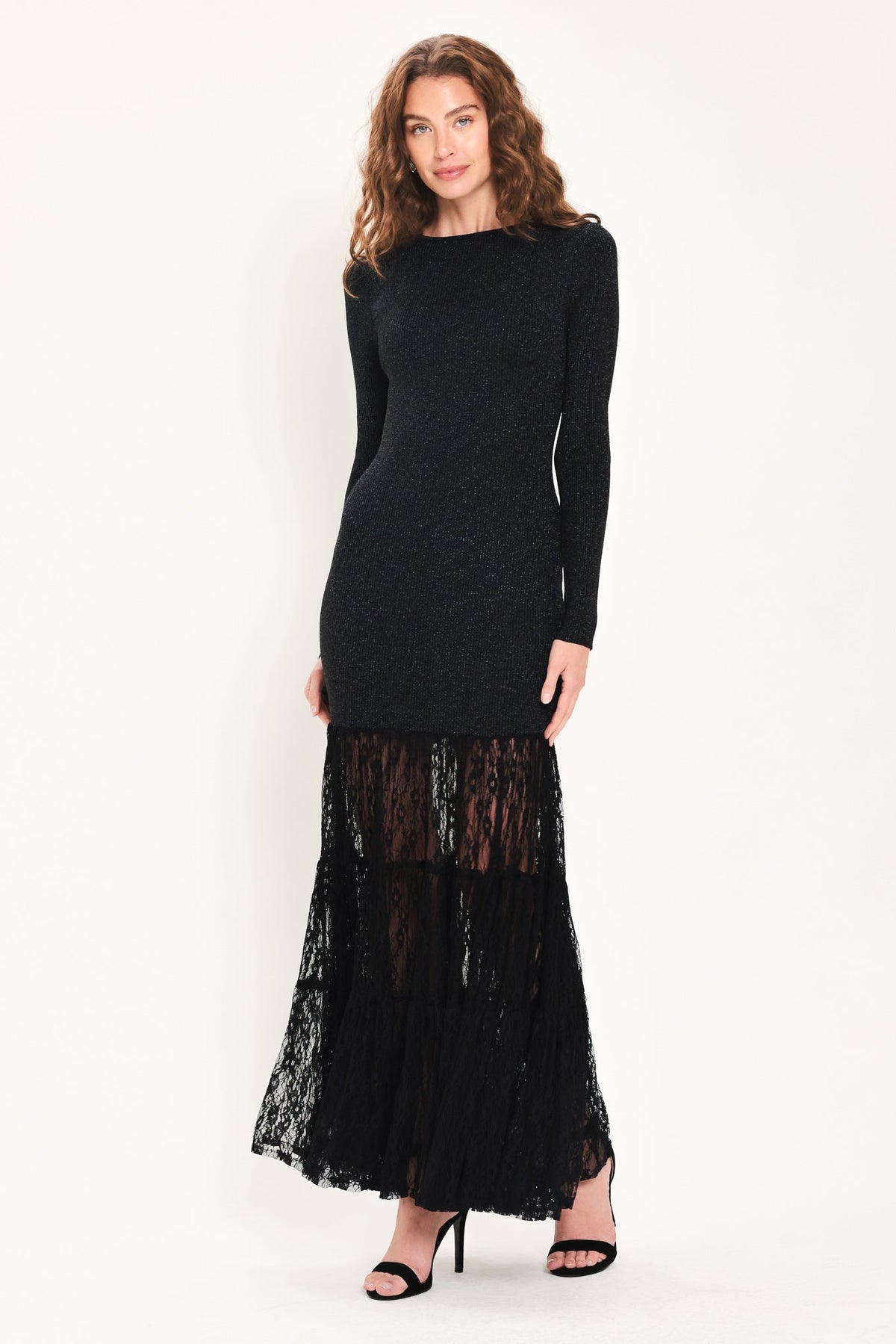 Metallic Lace Hem Sweater Maxi Dress in black metallic, styled view