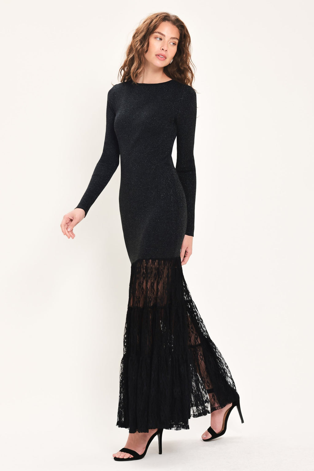 Metallic Lace Hem Sweater Maxi Dress in black metallic, side view