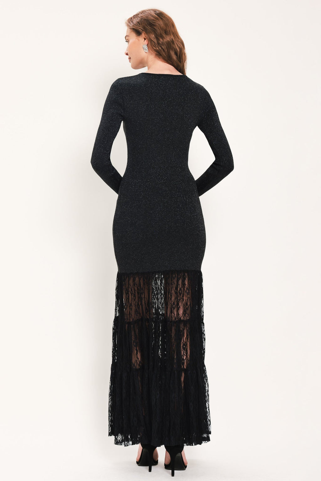 Metallic Lace Hem Sweater Maxi Dress in black metallic, close-up detail