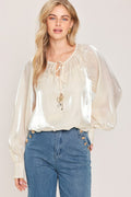 Pearl Charm Tie Front Peasant Top in champagne, front view