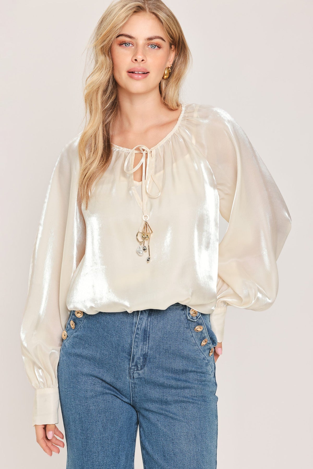 Pearl Charm Tie Front Peasant Top in champagne, front view