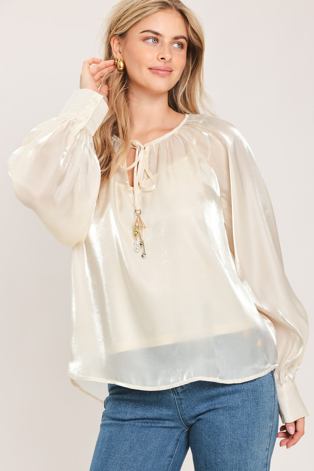 Pearl Charm Tie Front Peasant Top in champagne, side view