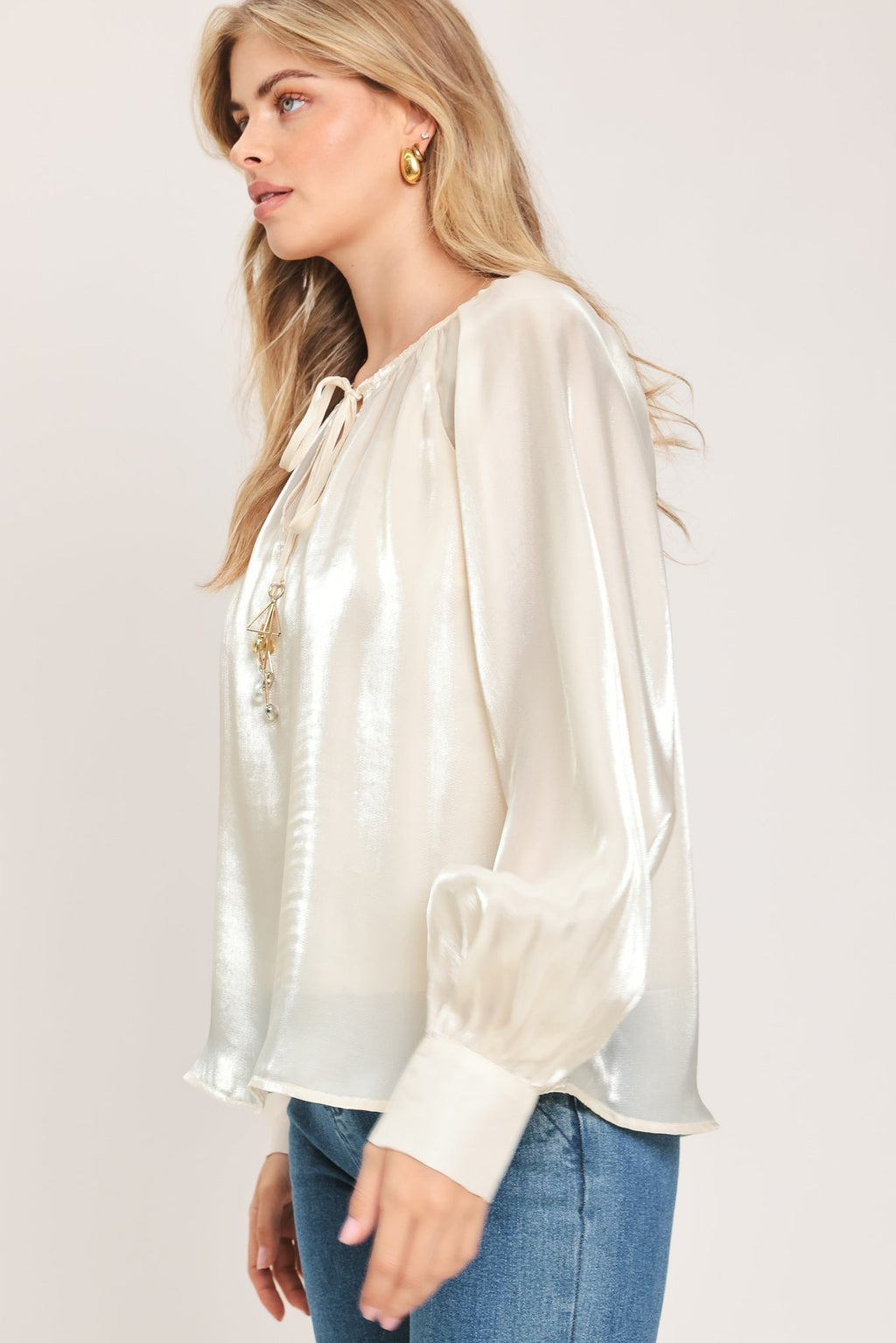 Pearl Charm Tie Front Peasant Top in champagne, close-up detail