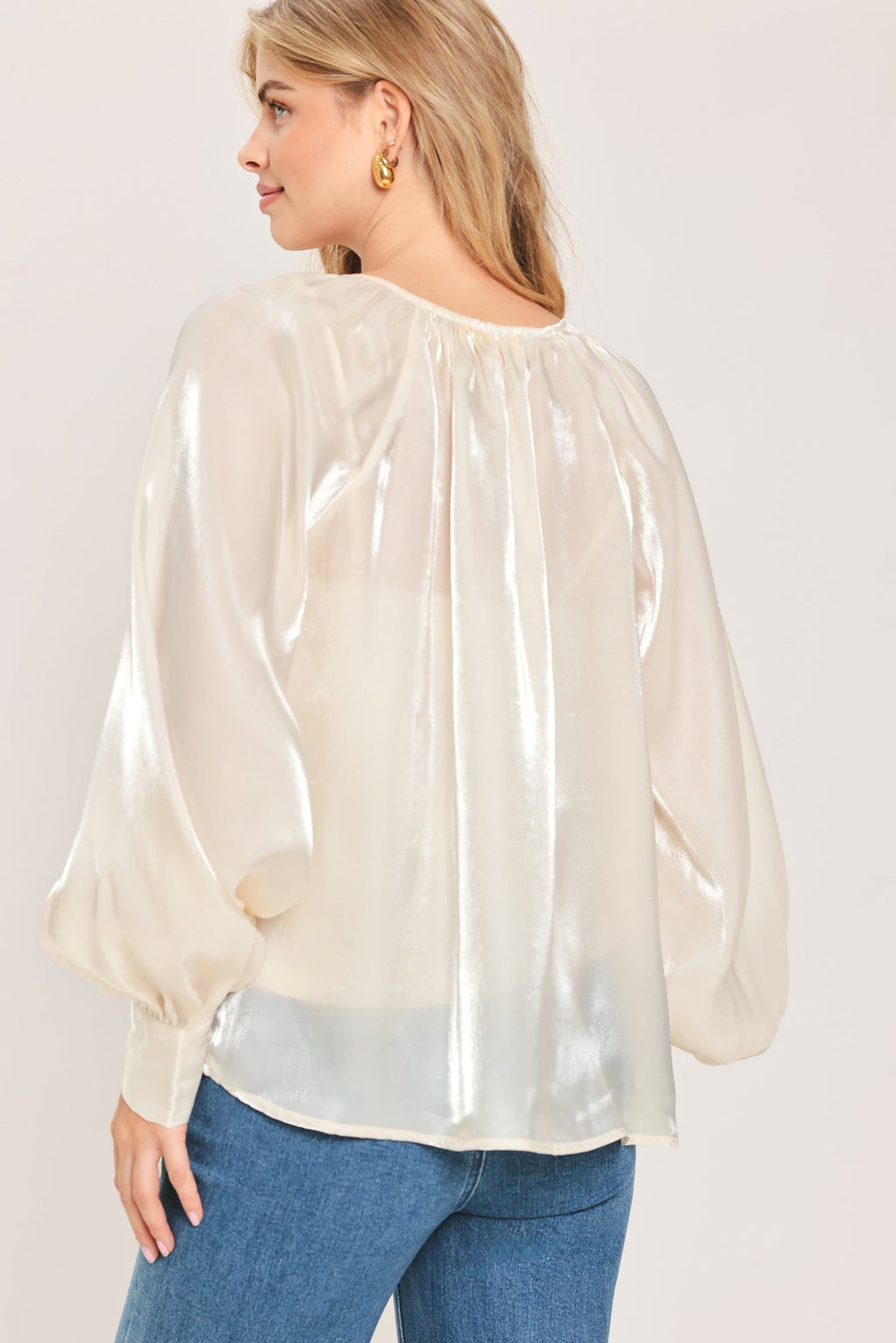 Pearl Charm Tie Front Peasant Top in champagne, back view