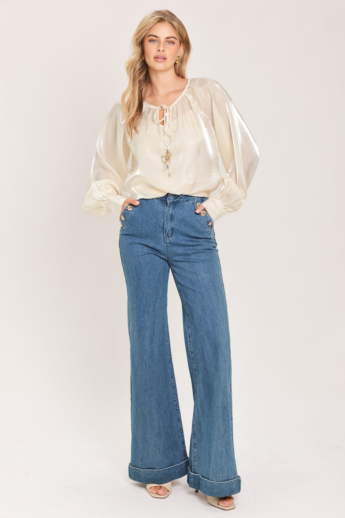 Pearl Charm Tie Front Peasant Top in champagne, styled view