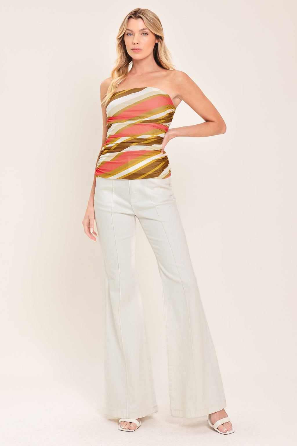 Sunkissed Mood Power Mesh Tube Top in Brown Coral with printed mesh fabric and side shirring shown on model
