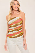 Sunkissed Mood Power Mesh Tube Top in Brown Coral with printed mesh fabric and side shirring shown on model