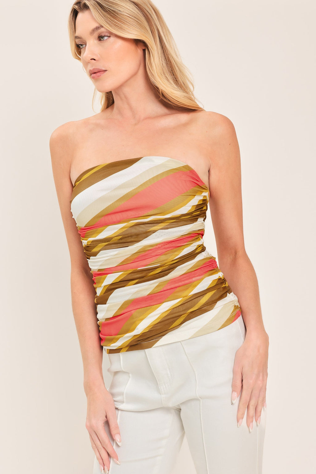 Sunkissed Mood Power Mesh Tube Top in Brown Coral with printed mesh fabric and side shirring shown on model