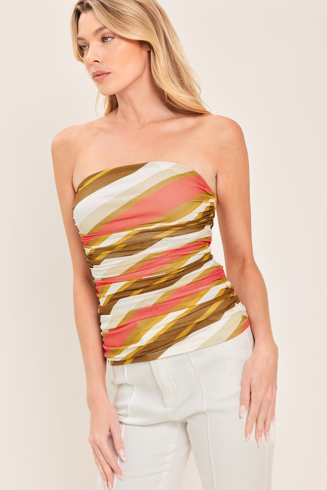 Sunkissed Mood Power Mesh Tube Top in Brown Coral with printed mesh fabric and side shirring shown on model