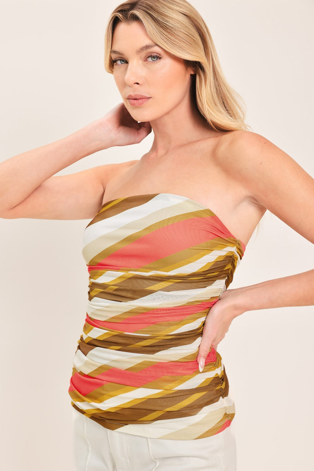 Sunkissed Mood Power Mesh Tube Top in Brown Coral with printed mesh fabric and side shirring shown on model