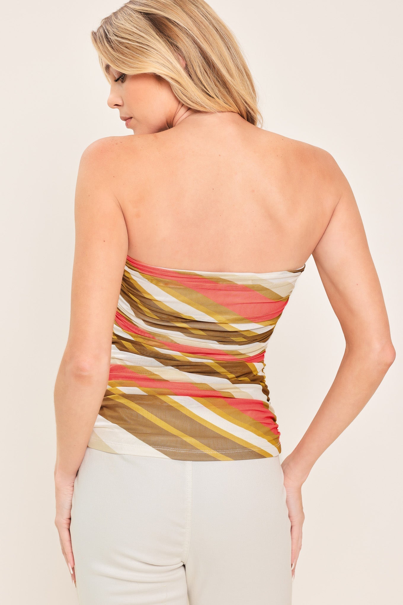Sunkissed Mood Power Mesh Tube Top in Brown Coral with printed mesh fabric and side shirring shown on model
