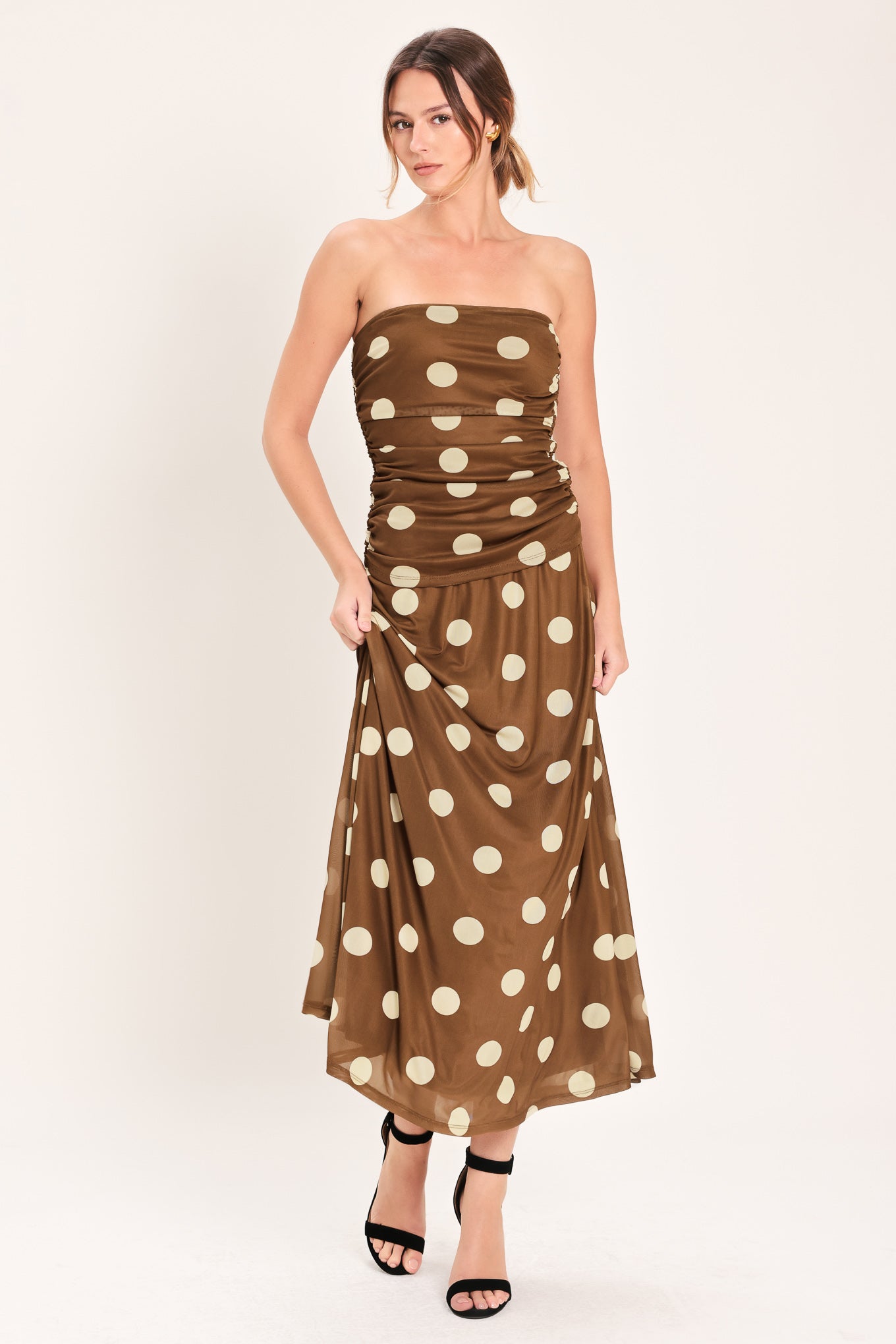 French Girl Polka Dot Power Mesh Tube Top - styled with wide leg trousers