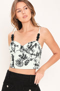 Vintage Botanical Woven Crop Bustier Top in ivory and black floral print