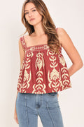 WAIKIKI SUNSET TOP in Burgundy print, 100% cotton sleeveless top