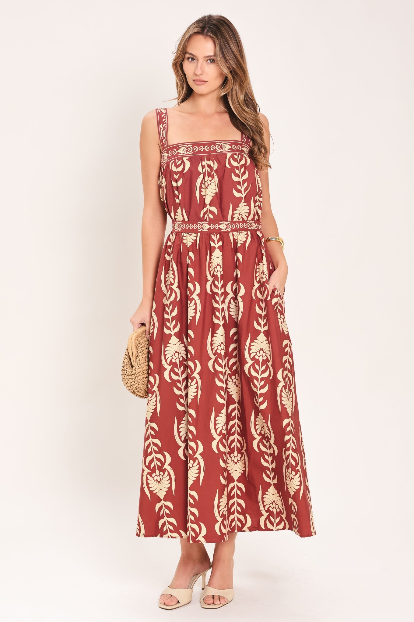 Burgundy and beige printed top with straight neckline and slender straps