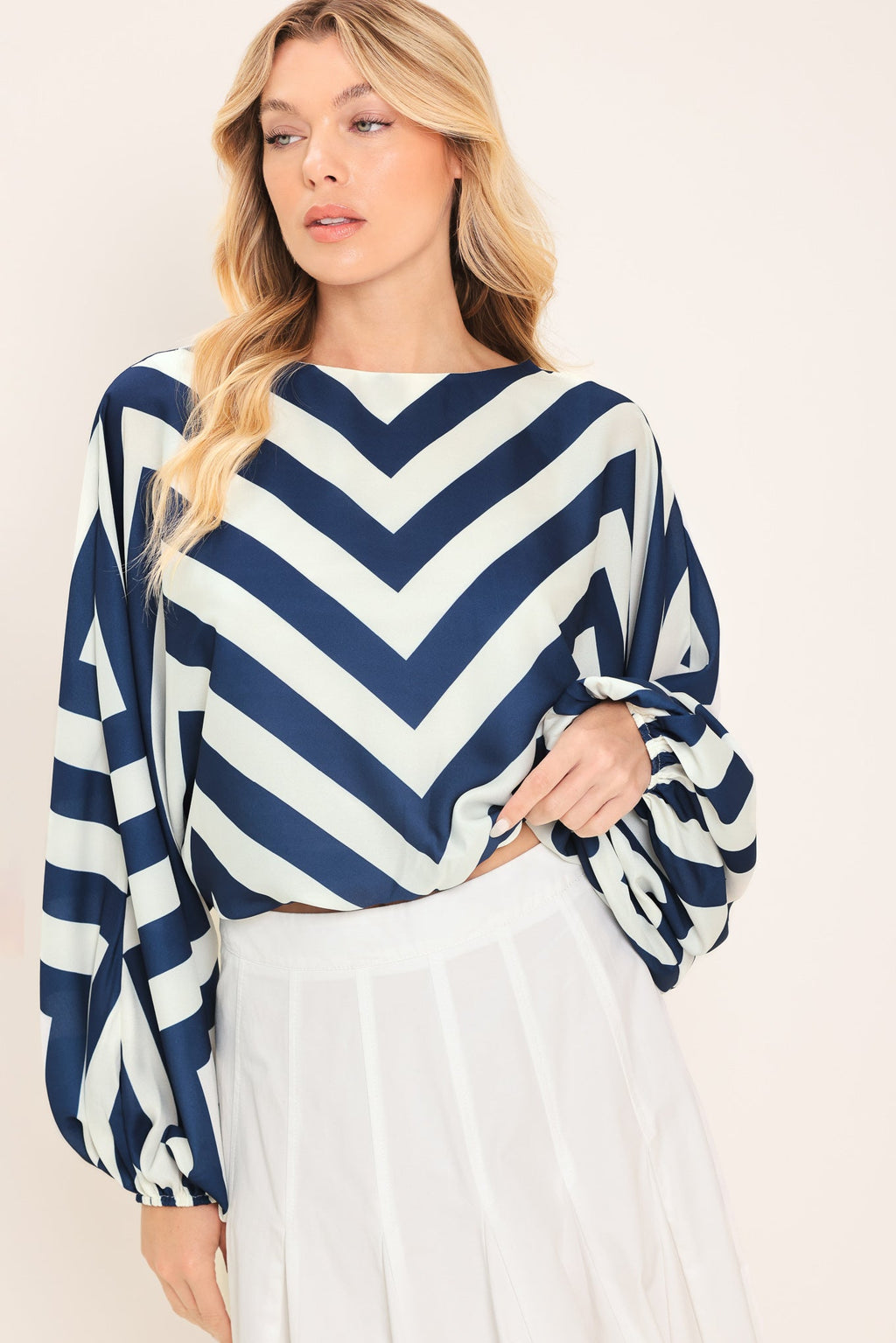 St. Tropez Stripe Woven Top in Navy Stripe - front view showing chevron stripe pattern