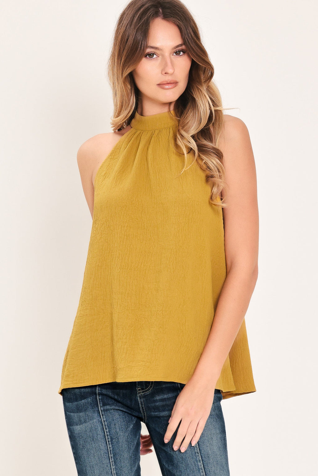 Golden State of Mind Woven Halter Top in Mustard - front view showing halter neckline